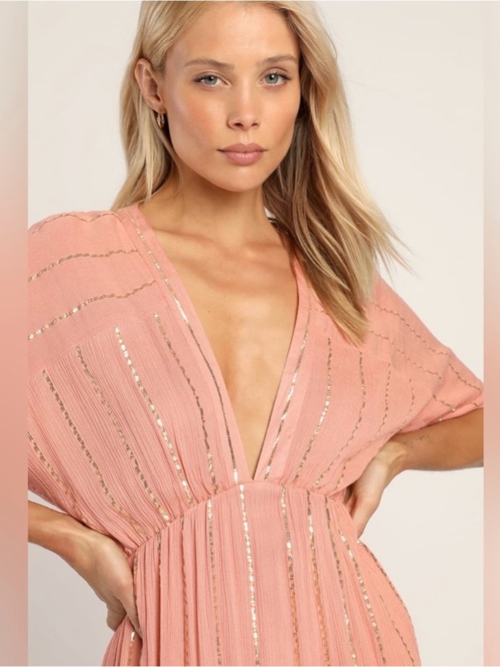Peach V-Neck Dress with Metallic Stripe Detail